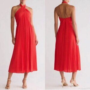 Reiss Red Roya Accordion Pleated Midi Dress